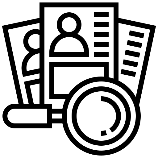 Recruitment icon showing resume documents with magnifying glass